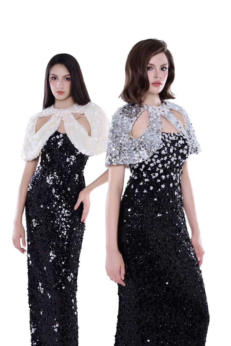 Black Luna floral sequin gown by HACCHIC COUTURE, showcasing a flowing maxi dress with floral sequin details and elegant design.
