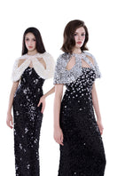 Black silver Luna crystal cape gown by HACCHIC COUTURE featuring elegant draping and shimmering embellishments.