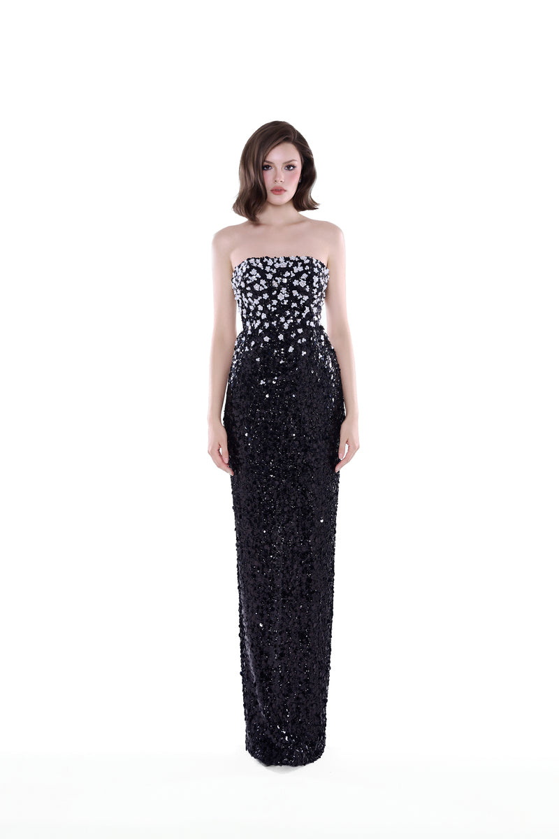 HACCHIC Couture Luna Crystal Cape Gown in black and silver, featuring a flowing maxi dress with shimmering crystal details.