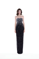 Black and silver Luna crystal cape gown by HACCHIC Couture, featuring flowing fabric and intricate crystal embellishments.