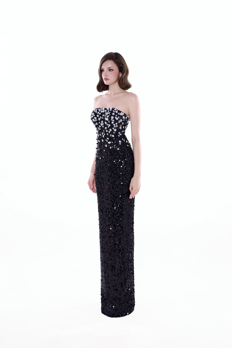 Black Luna floral sequin gown by HACCHIC COUTURE, featuring a flowing maxi dress with floral patterns and shimmering sequins.