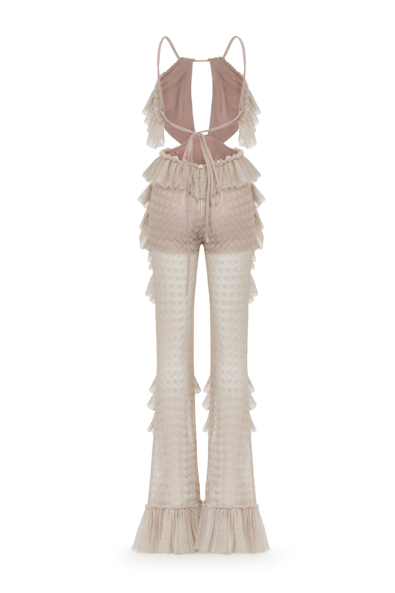 ECRU CUT-OUT DETAILED OPEN KNIT RUFFLE JUMPSUIT - CULT MIA