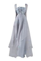 Gray Hayley organza flared maxi gown by Happy Clothing, flowing fabric with a stylish, elegant design for formal occasions.