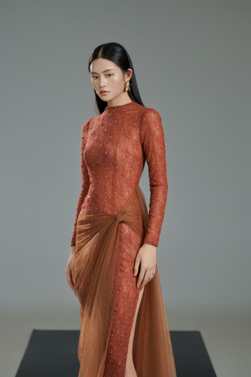 BROWN BODYCON LONG SLEEVED ORGANZA MAXI DRESS - CULT MIA