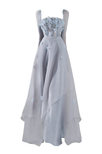 hayley metallic cobalt dress HAPPY CLOTHING HAYLEY GRAY ORGANZA FLARED MAXI DRESS