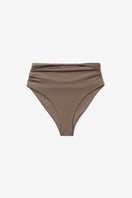 Seaquelle Haven bikini bottom in Nougat with a sleek, high-rise design, shown in a close-up image highlighting the fabric texture.