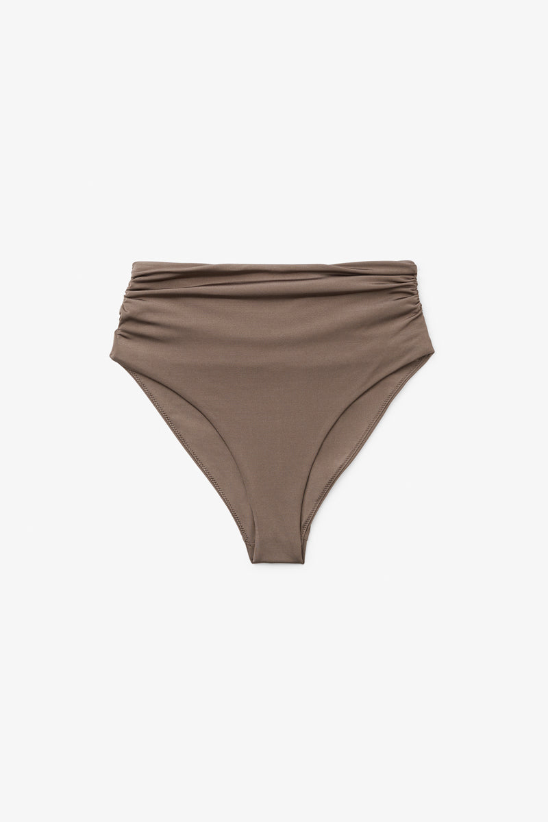 Seaquelle Haven bikini bottom in Nougat with a sleek, high-rise design, shown in a close-up image highlighting the fabric texture.