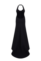 Black Hazal gown by Moon Hakaan Yildirim, elegant dress with flowing fabric, back view showing detailed neckline and sophisticated style.