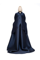 Navy Lotus Cape jacket by MOON / HAKAN YILDIRIM, shown with flowing fabric and elegant design, perfect for stylish layering.
