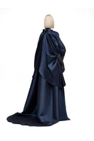Navy Lotus Cape jacket by Moon Hakaan Yildirim, flowing fabric with a stylish, elegant design perfect for layered fashion.