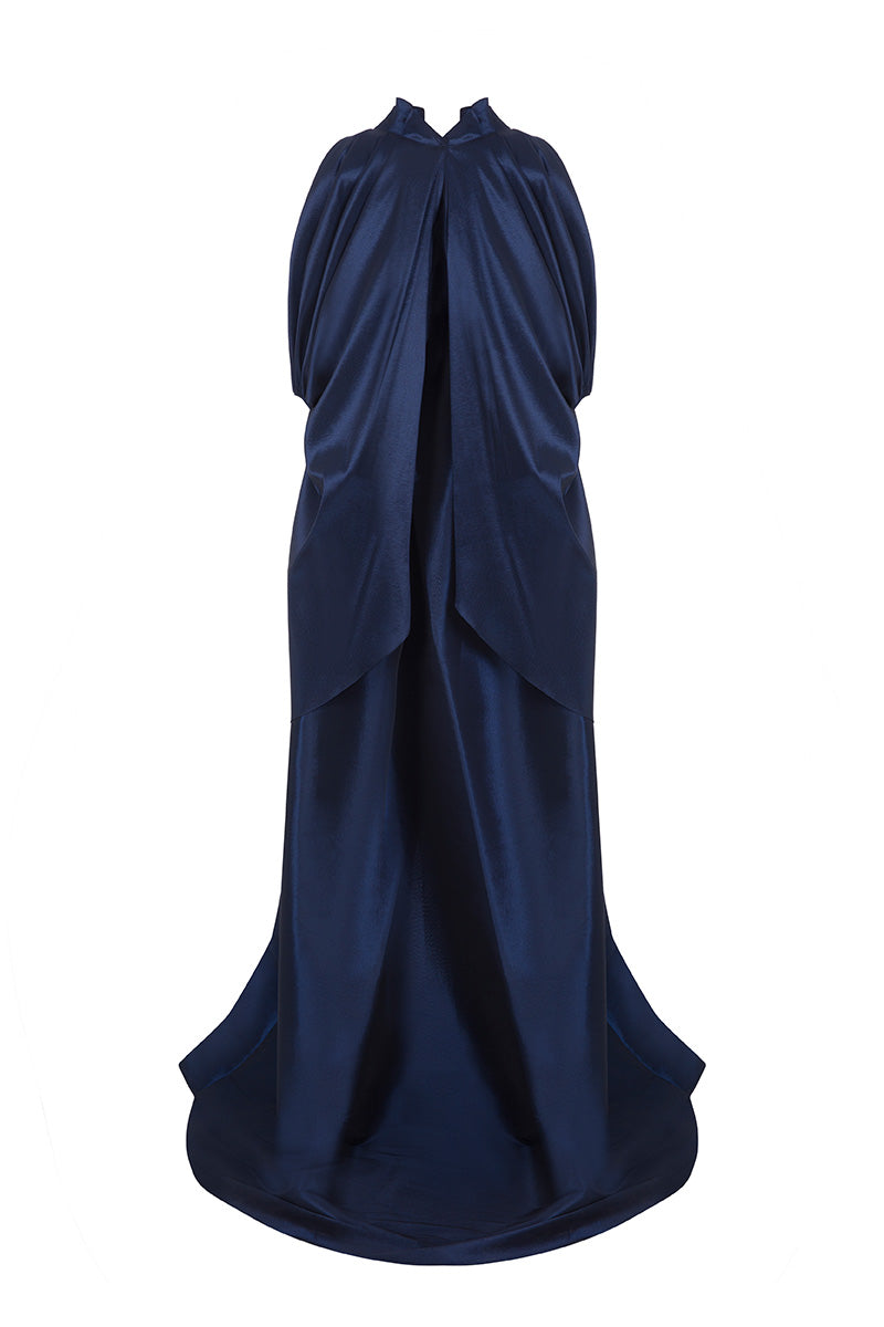 Navy Lotus Cape jacket by MOON / HAKAN YILDIRIM, showing the back view with layered fabric and elegant design details.