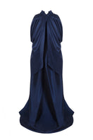 Navy Lotus Cape jacket by Moon Hakaan Yildirim, stylish outerwear with a flowing design and elegant fabric.