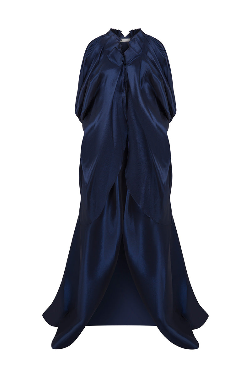Navy Lotus Cape jacket by MOON / HAKAN YILDIRIM, front view showcasing elegant cape design and tailored fit.
