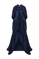 Navy Lotus Cape jacket by MOON / HAKAN YILDIRIM, front view showing flowing fabric and elegant design.