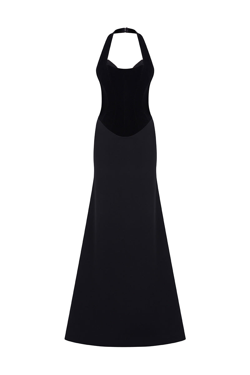 Black Hazal maxi dress by Moon Hakaan Yildirim, front view showing flowing fabric and elegant design.