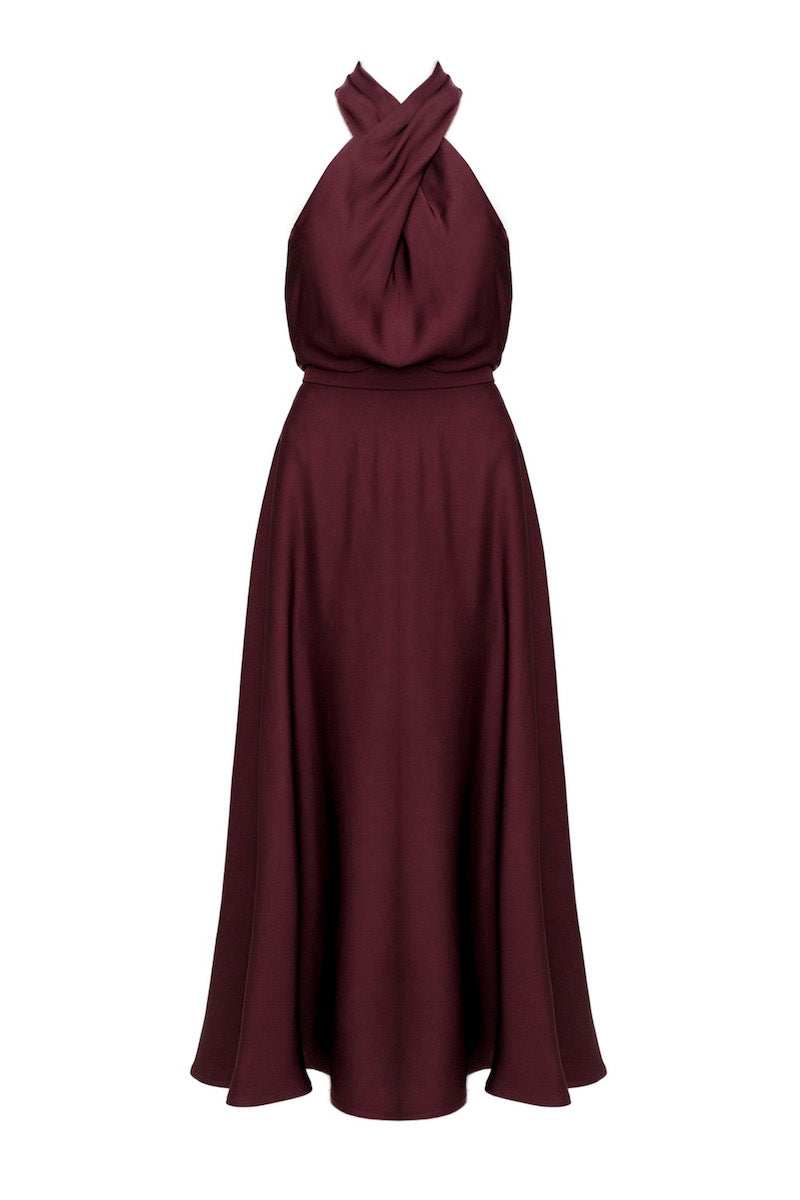 HEIDI NECK MIDI PARTY DRESS IN BURGUNDY