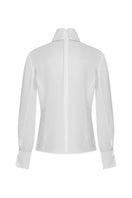 Tagg high collar blouse, stylish shirt featuring a high neckline and tailored fit, shown in a close-up image.