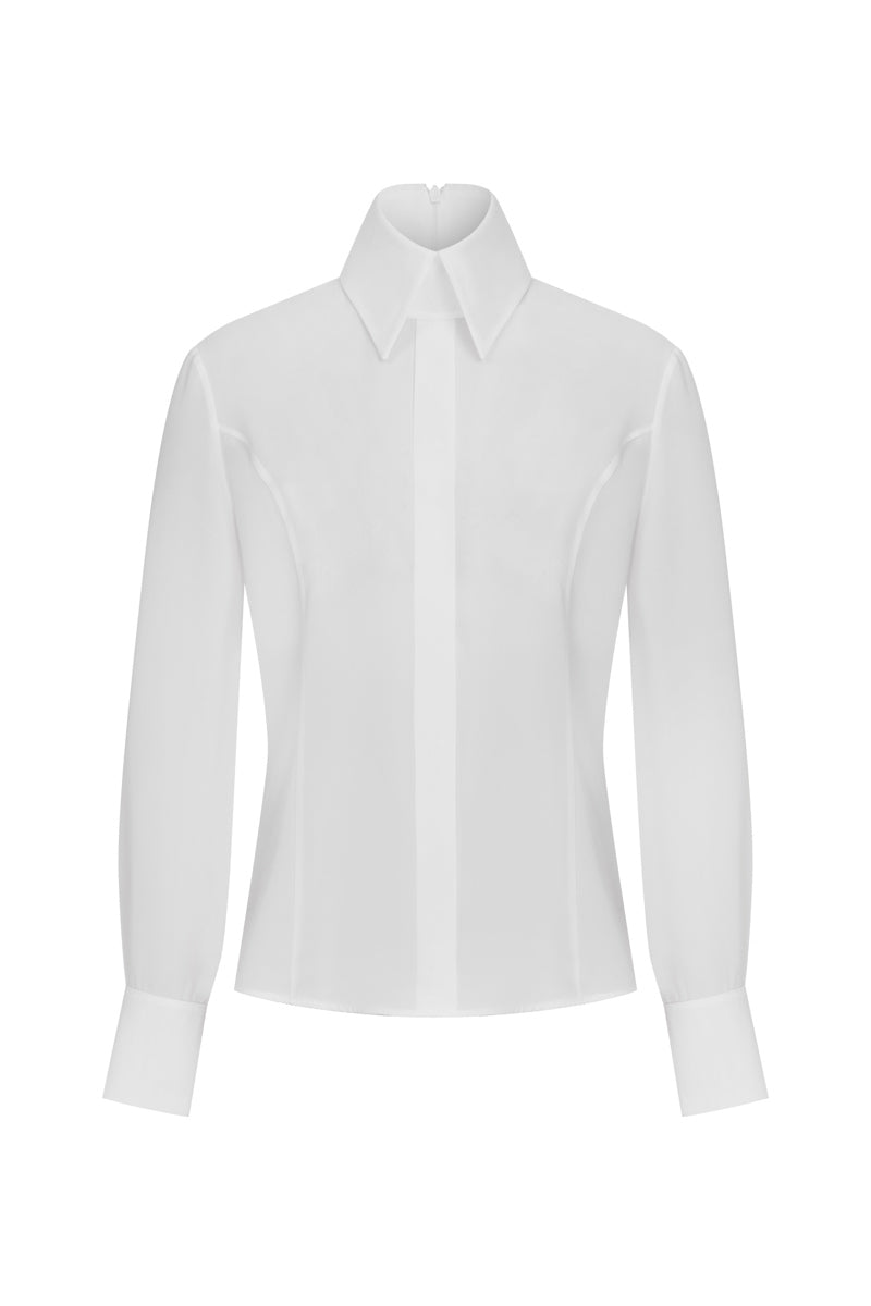 Tagg high collar blouse, stylish shirt featuring a structured high neckline and long sleeves, perfect for professional or casual wear.
