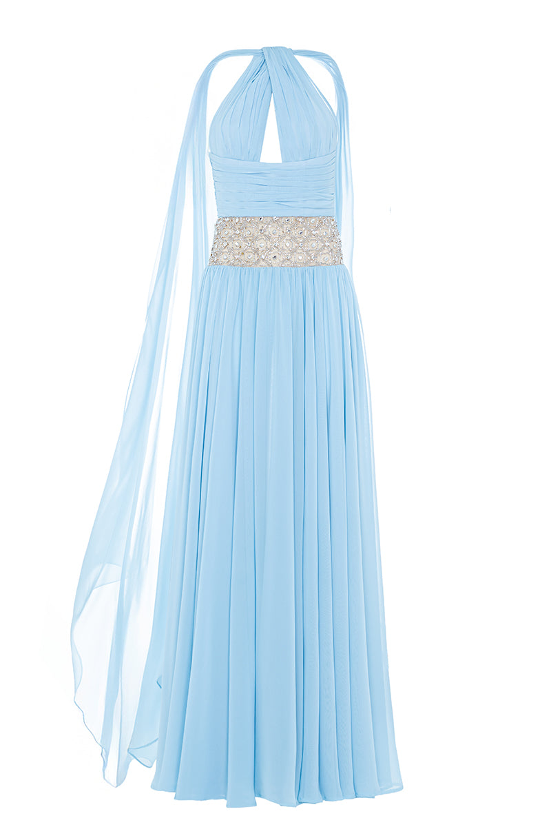 BLUE EMBELLISHED CHIFFON GOWN - CULT MIA