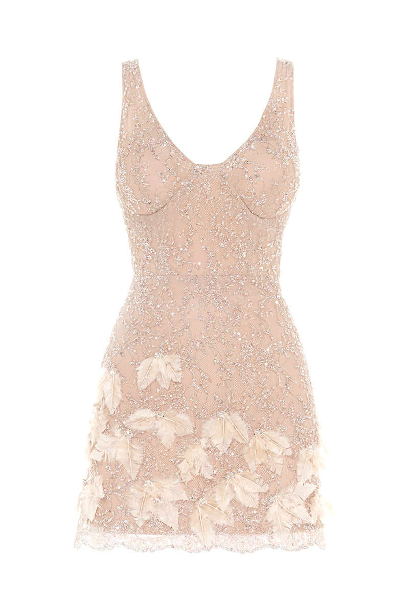 CHAMPAGNE EMBROIDERED FEATHER DRESS - CULT MIA