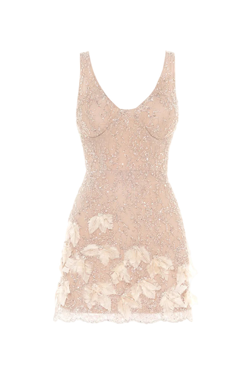 CHAMPAGNE EMBROIDERED FEATHER DRESS