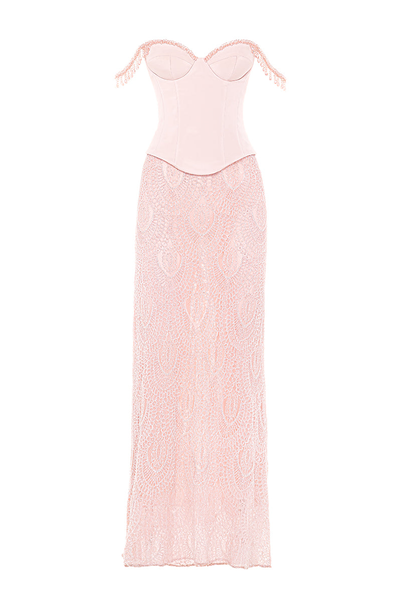 vespera corset dress Vespera is giving all the modern bridal energy. That hand-beaded bodice paired with a deep V neckline really makes a statement, and the illusion waistband pulls it all together. The chiffon skirt