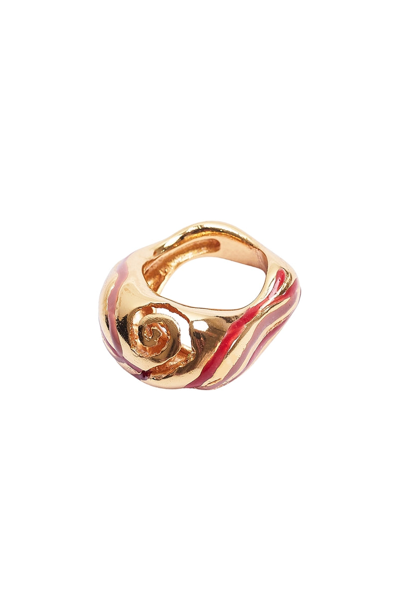 Sara & Flora terracotta heirloom spiral ring with intricate design, showcasing its warm earthy tones and detailed craftsmanship.