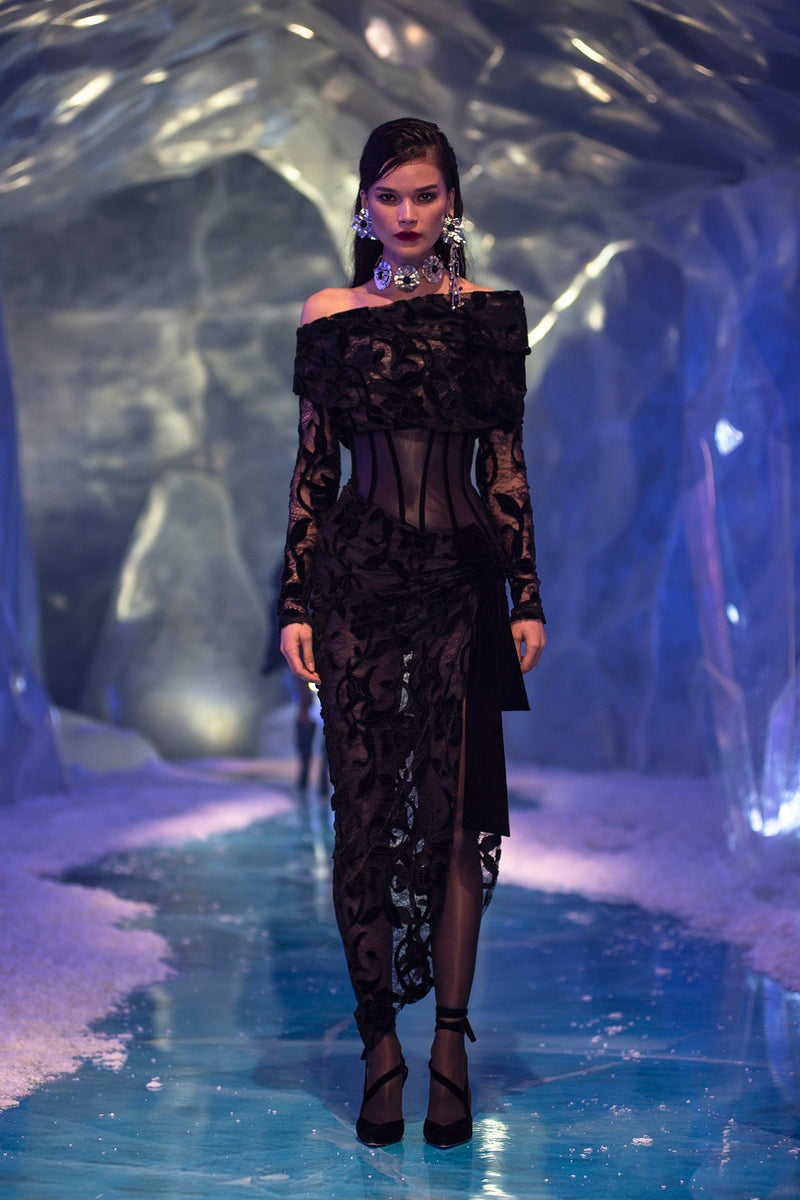 BLACK VELVET BLEND OFF SHOULDER LACE MIDI DRESS | CULT MIA | HALEIA BLACK VELVET BLEND OFF SHOULDER LACE MIDI DRESS | CULT MIA | HALEIA
