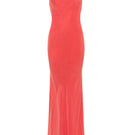 Coral niLuu AQUAFLORA halter neck slip maxi dress displayed on a hanger, showcasing its flowy fabric and elegant design.