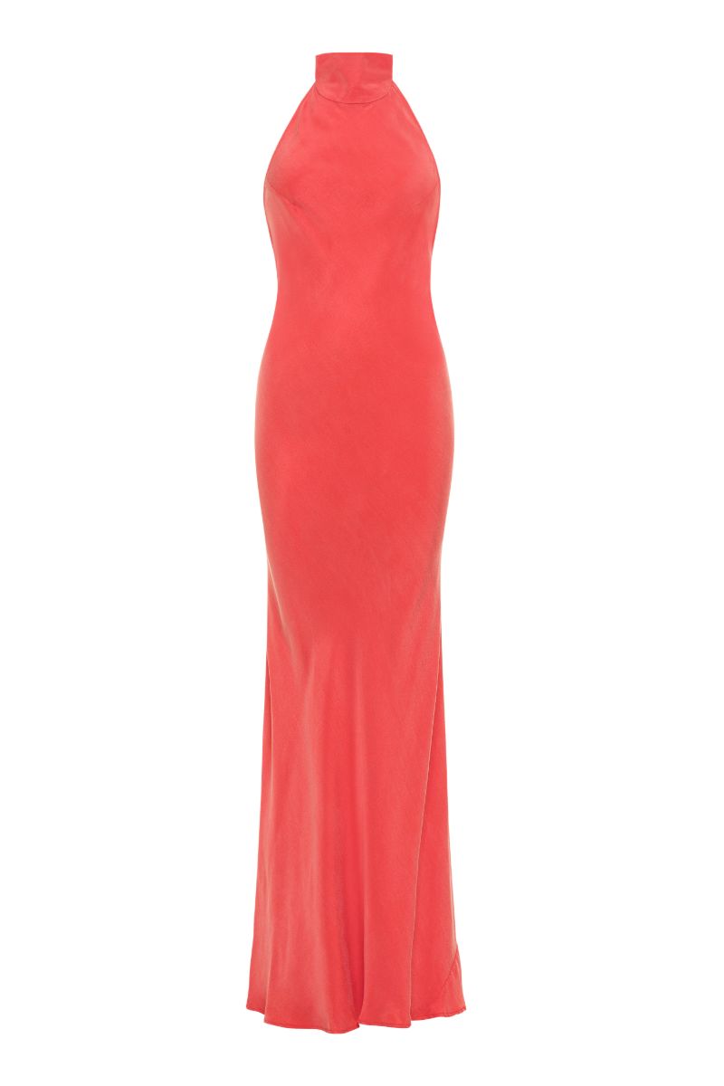 AQUAFLORA HALTER NECK SLIP DRESS IN CORAL - CULT MIA