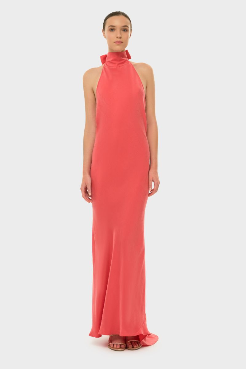 AQUAFLORA HALTER NECK SLIP DRESS IN CORAL - CULT MIA