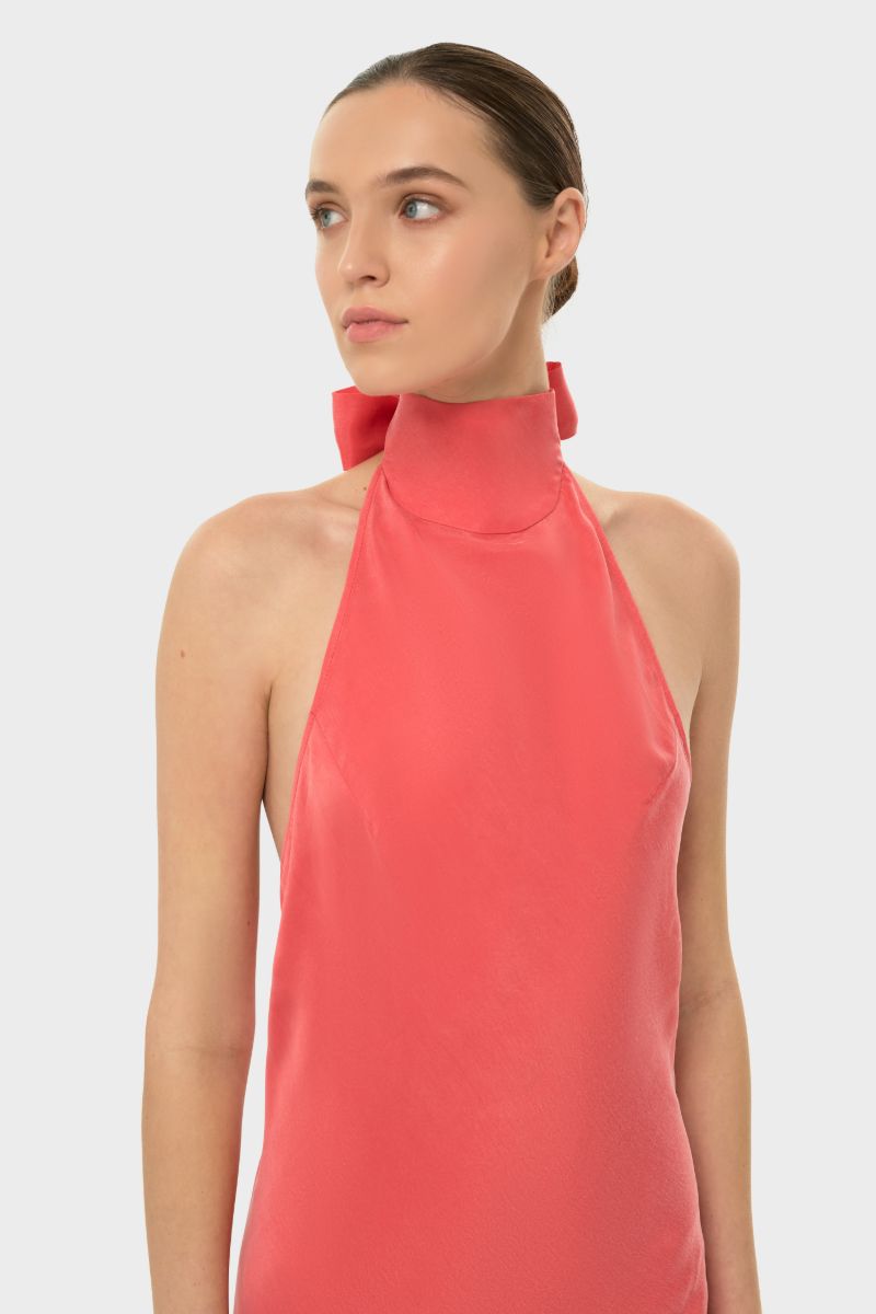 AQUAFLORA HALTER NECK SLIP DRESS IN CORAL - CULT MIA