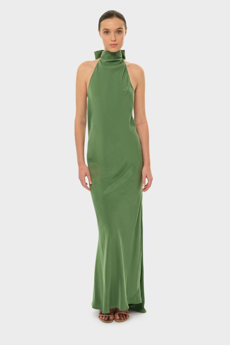 AQUAFLORA HALTER NECK SLIP DRESS IN MOSS | CULT MIA | niLuu AQUAFLORA HALTER NECK SLIP DRESS IN MOSS | CULT MIA | niLuu