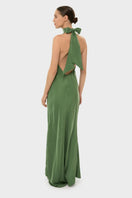 NiLuu AQUAFLORA halter neck slip maxi dress in moss green, flowing fabric with a relaxed, elegant silhouette.