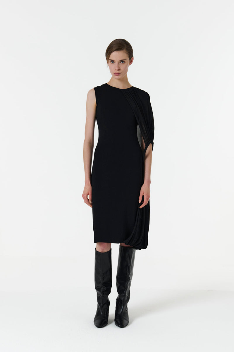 ASYMMETRIC SHOULDER HOOP KNIT DRESS IN BLACK - CULT MIA