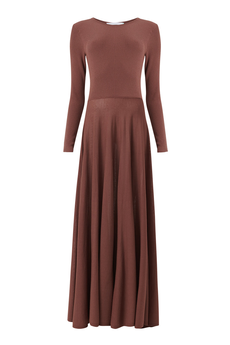 FIT-AND-FLARE KNITTED DRESS IN BROWN - CULT MIA