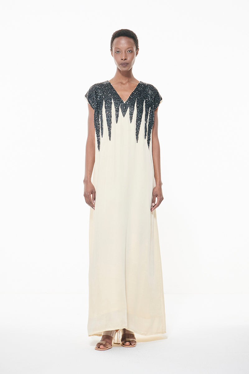 STONES EMBROIDERED SHOULDER KAFTAN IN OFF WHITE