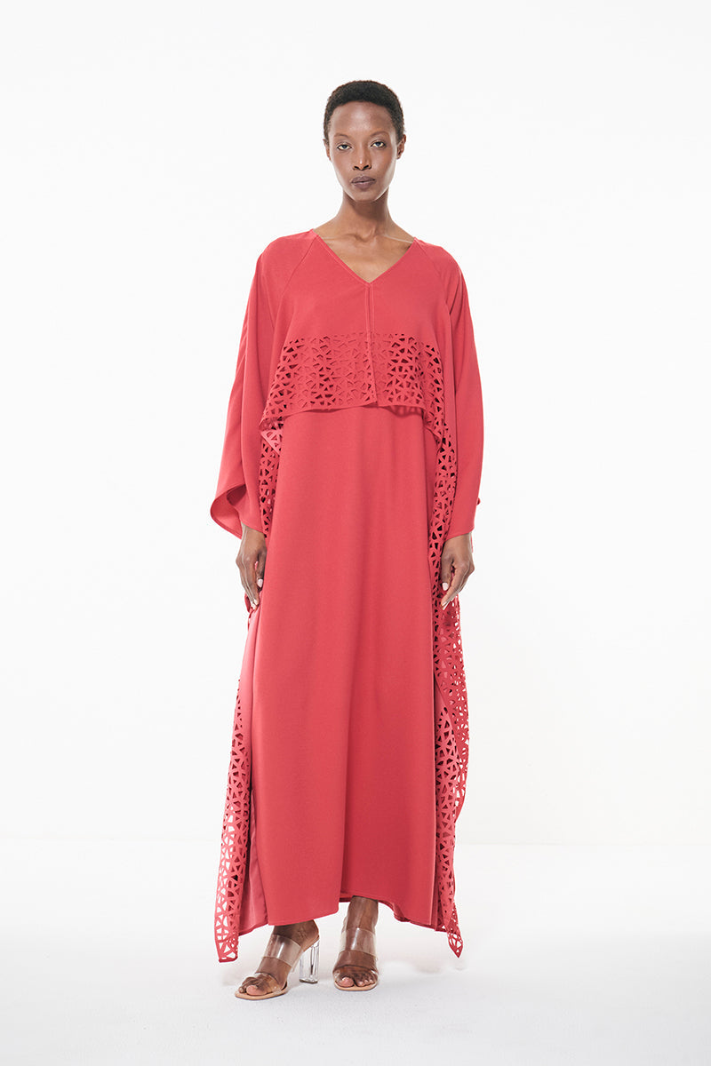 LASER CUT CAPE KAFTAN IN CORAL - CULT MIA