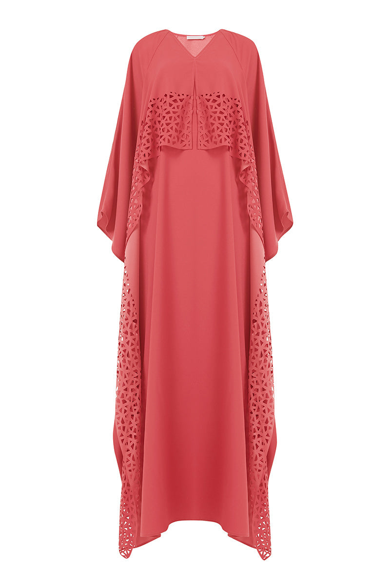 LASER CUT CAPE KAFTAN IN CORAL - CULT MIA
