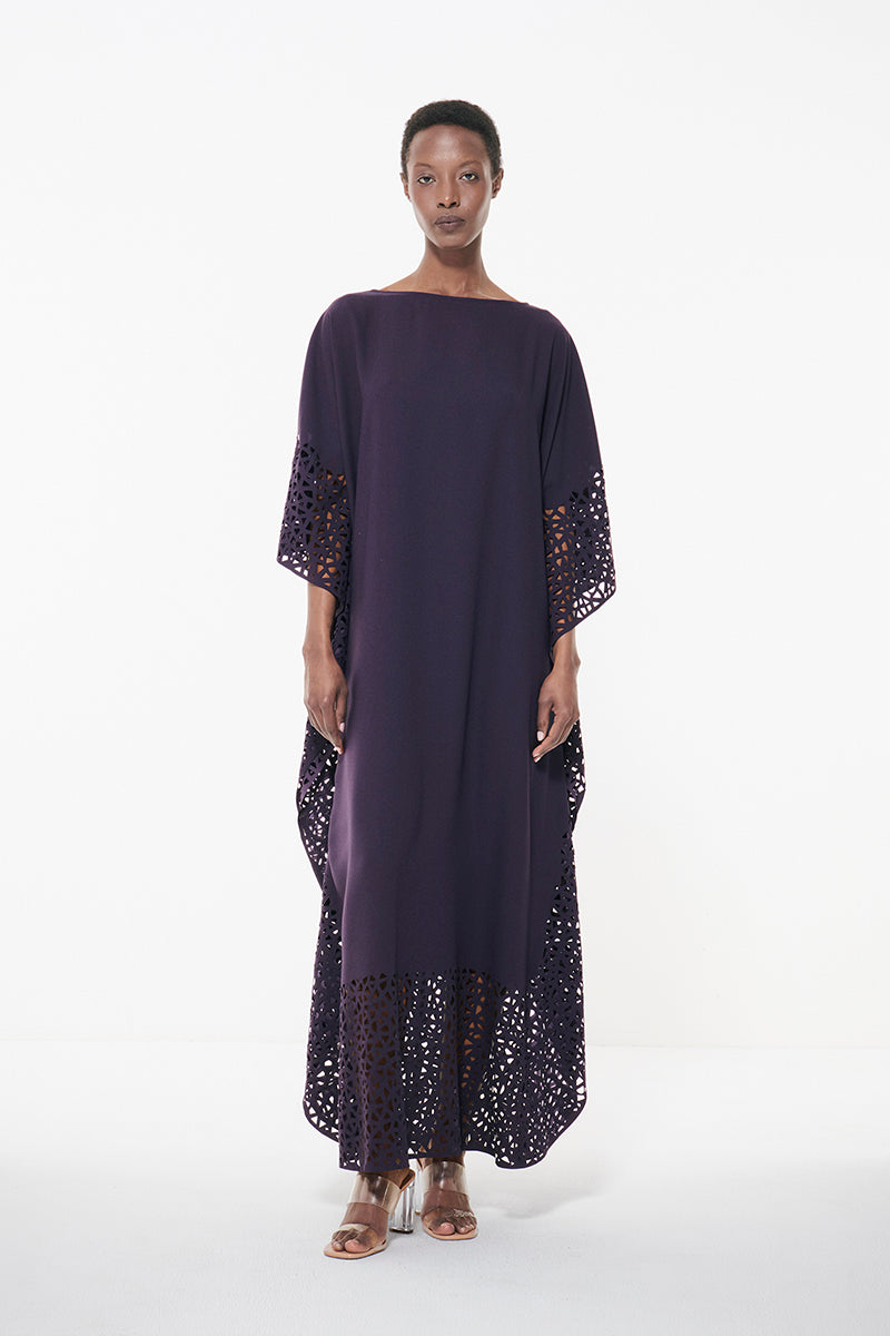 LASER CUT KAFTAN IN DARK PURPLE - CULT MIA