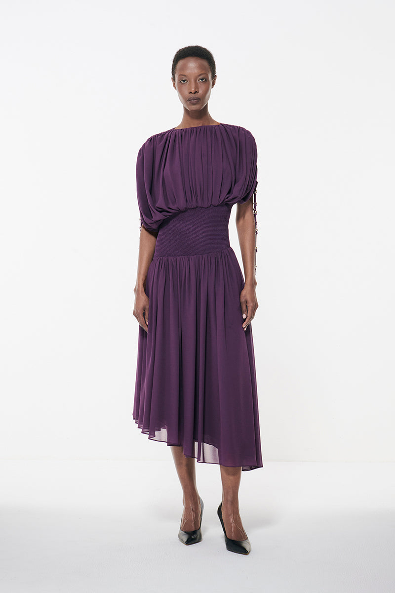 dark purple ruched dress PURPLE SATIN SILK DRESS WITH A RUCHED NECKLINE AND TIE | CULT MIA