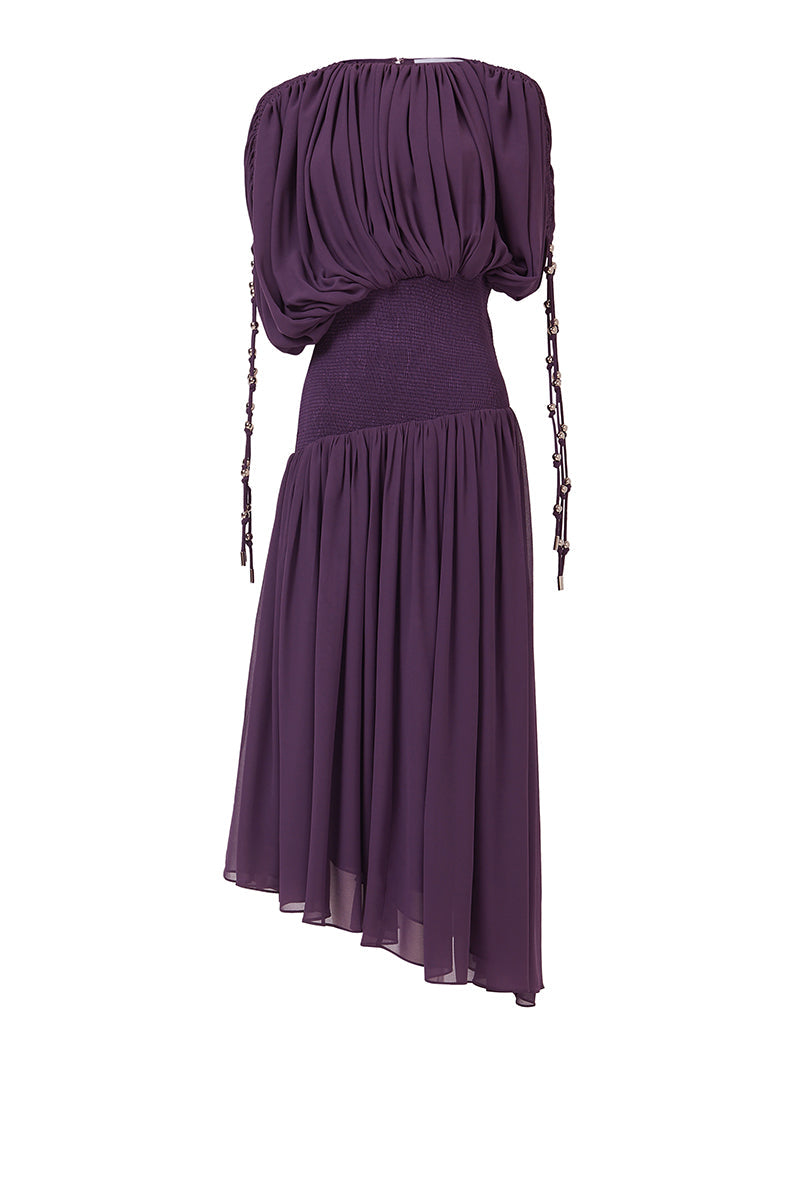 SMOCKED WAIST RUCHED SLEEVE DRESS IN DARK PURPLE - CULT MIA