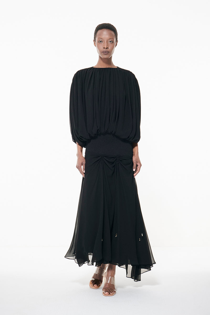 SMOCKED WAIST SKIRT IN BLACK - CULT MIA