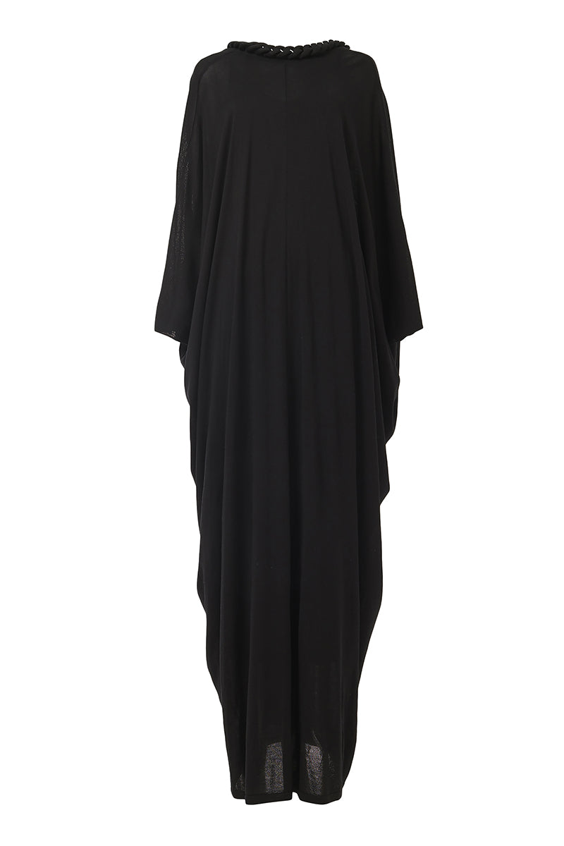 Black Leem knit kaftan maxi dress with chain detail, featuring a relaxed fit and elegant design.