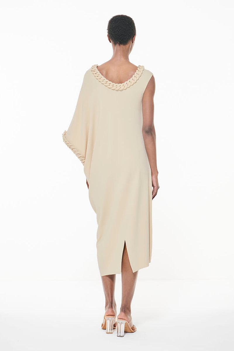 Leem off-white knit maxi dress with chain detail, featuring a comfortable fit and elegant design for stylish occasions.