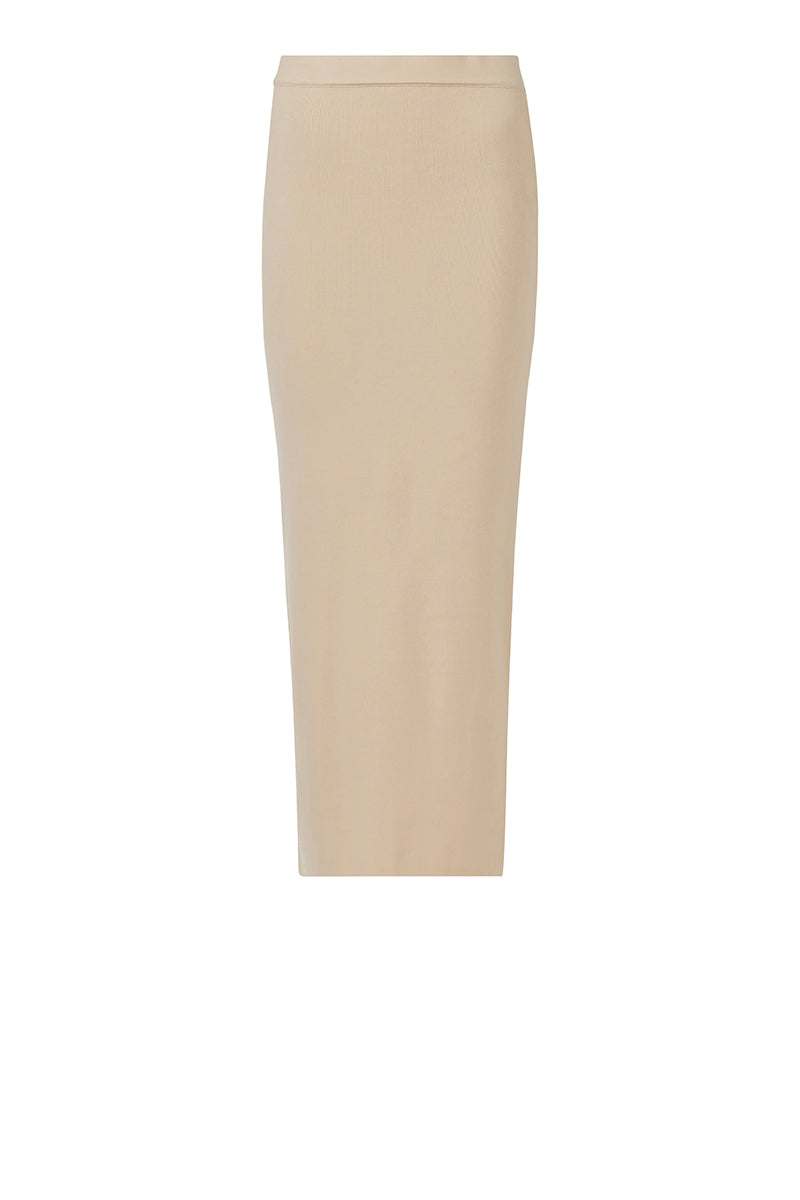 Leem knit pencil maxi skirt in off white, featuring a fitted silhouette and ribbed texture, styled for a casual or elegant look.