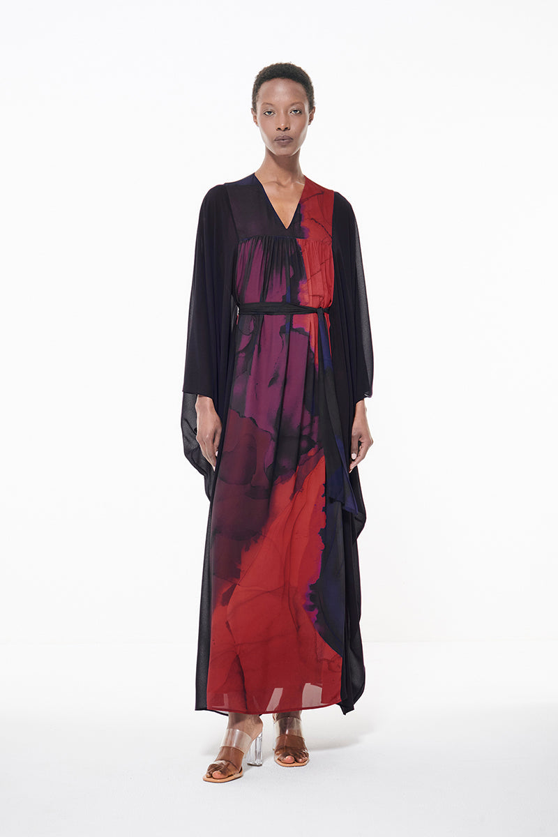Leem belted printed multicolor kaftan maxi dress with flowing fabric and vibrant pattern, perfect for casual or beachwear.