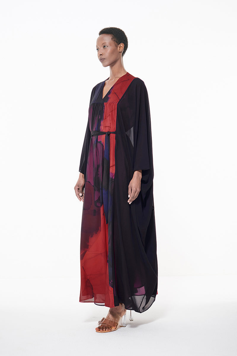 Leem belted printed multicolor maxi kaftan dress with flowing fabric and vibrant pattern, perfect for casual or beach wear.
