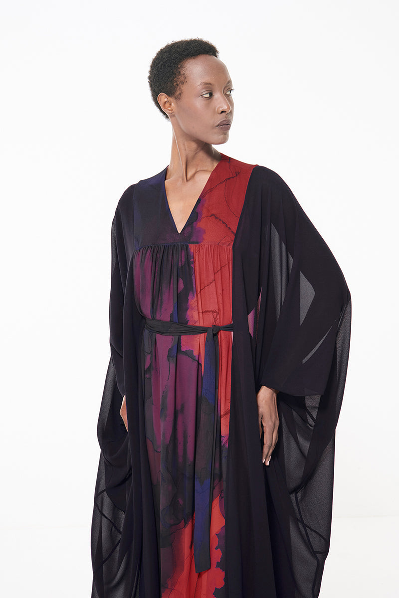 Multicolor printed belted maxi kaftan dress by Leem featuring a relaxed fit and vibrant pattern.