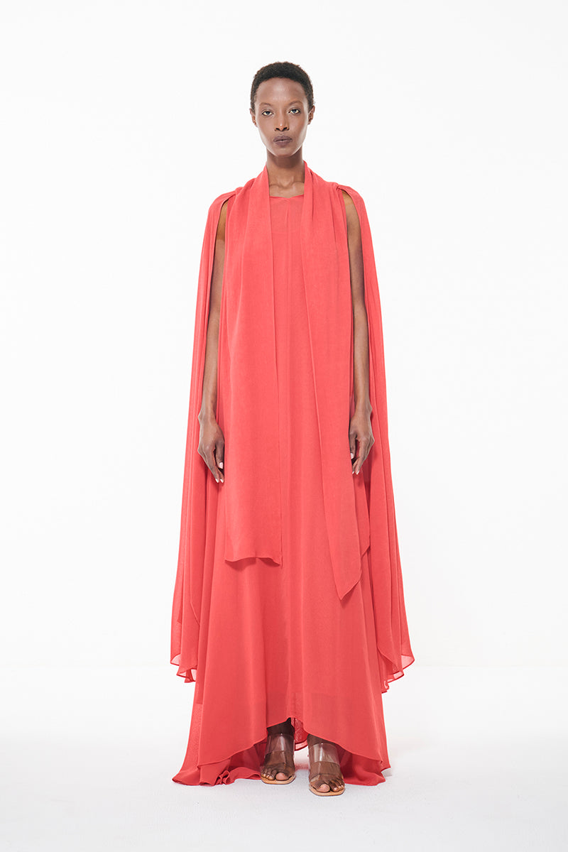 Leem coral Cape Detail Maxi Kaftan featuring flowing fabric and elegant cape design, perfect for stylish summer wear.